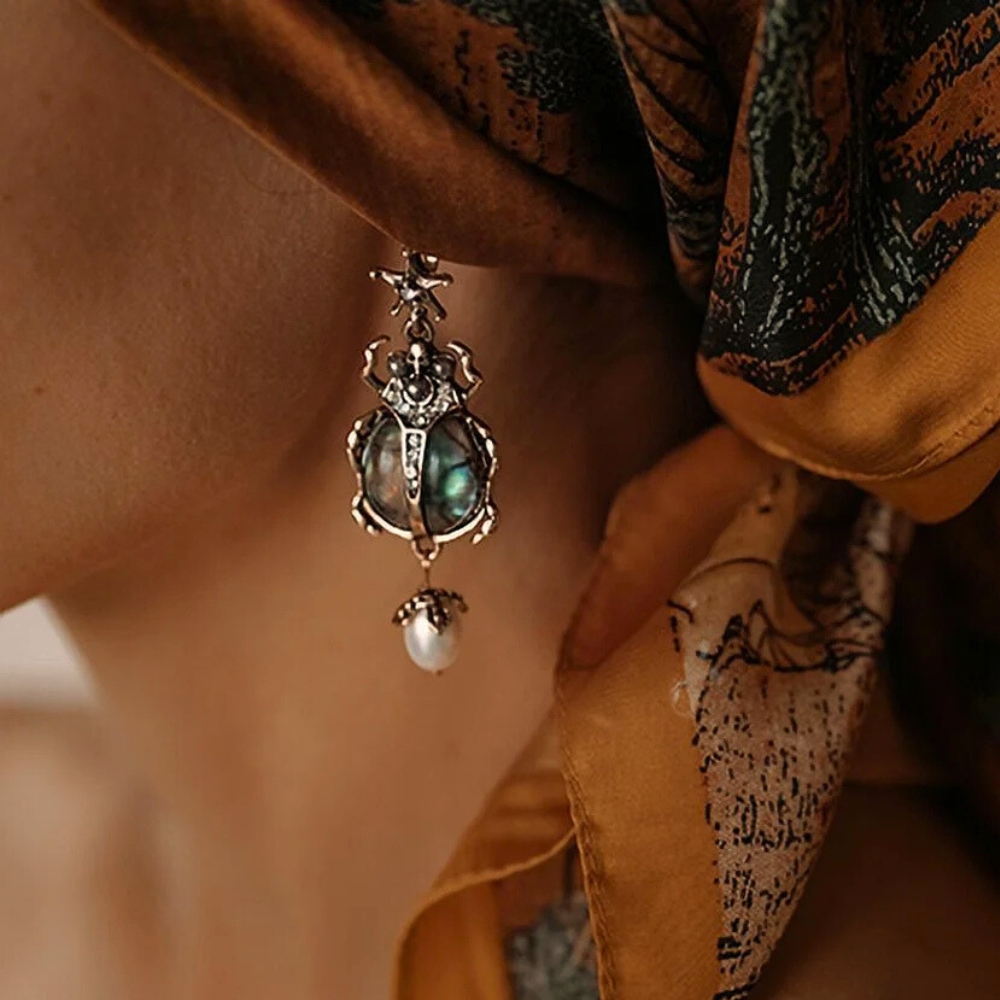 Vintage Scarab Pearl Earrings